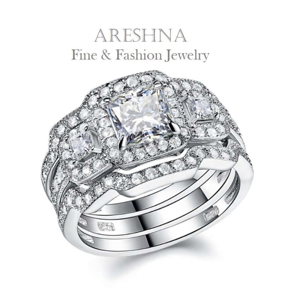 S925 3Pcs Square 1ct Round Diamond Engagement Ring - Picture 2 of 8